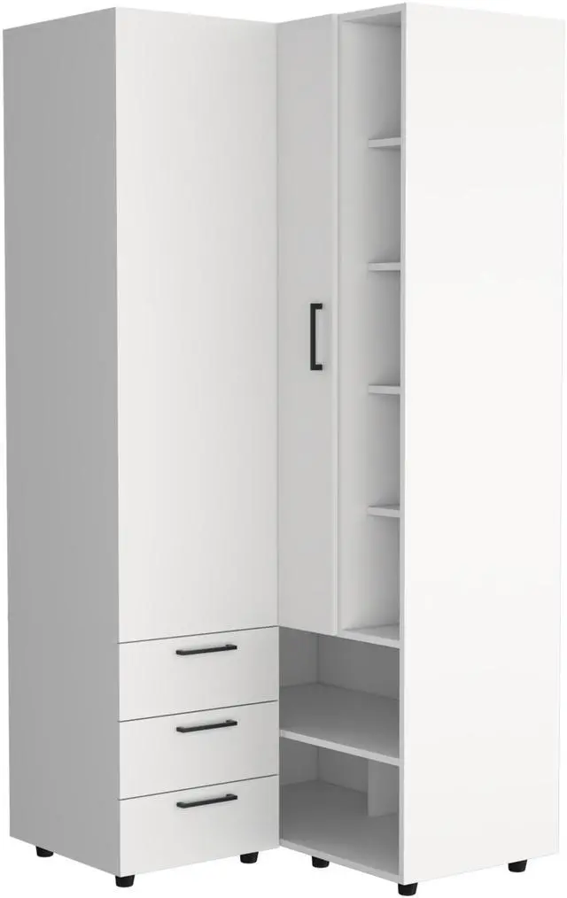 Alt view image 3 of 7 - Toulouse Corner Armoire With Double Doors And Interior Shelves, Space-Saving Wardrobe, White