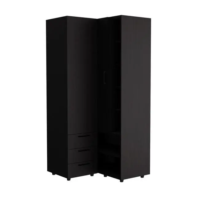 Alt view image 3 of 7 - Toulouse Corner Armoire With Double Doors And Interior Shelves, Space-Saving Wardrobe, Black