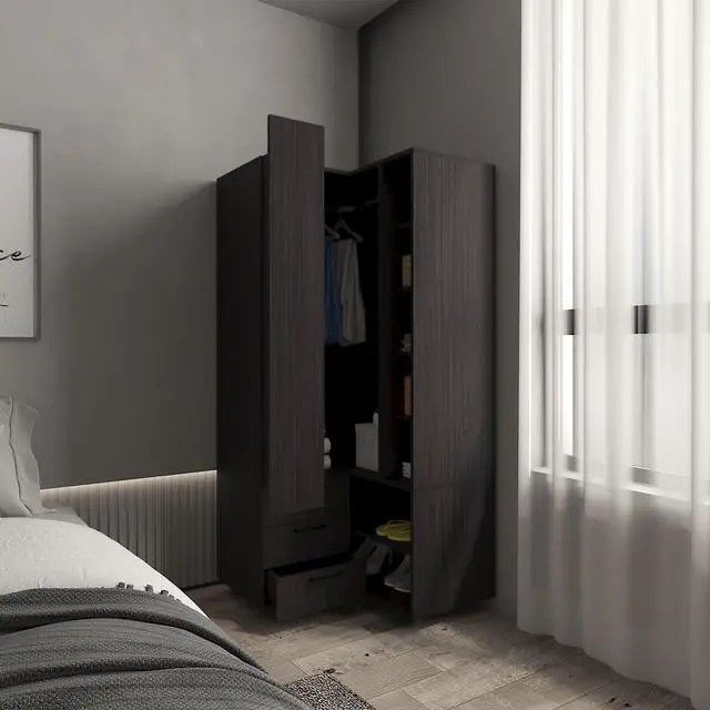 Alt view image 2 of 7 - Toulouse Corner Armoire With Double Doors And Interior Shelves, Space-Saving Wardrobe, Black