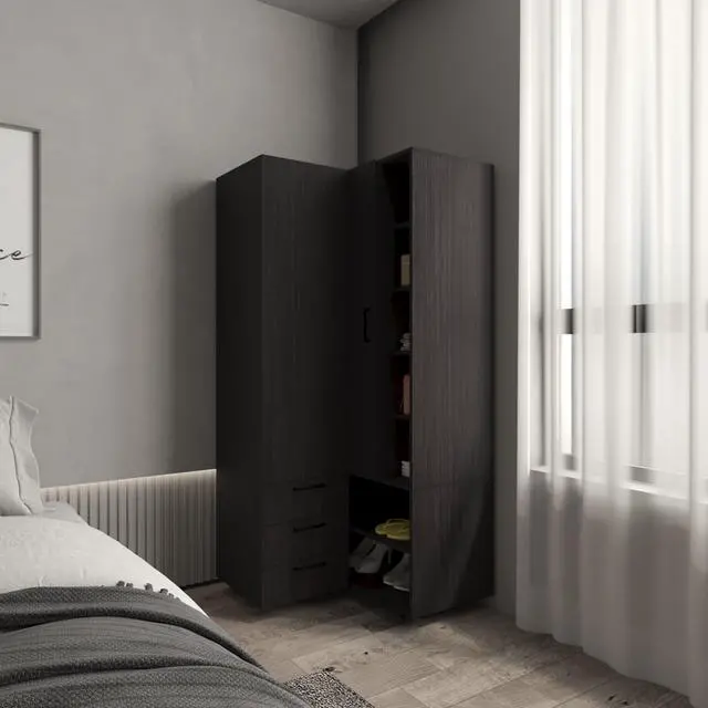Main image of Toulouse Corner Armoire With Double Doors And Interior Shelves, Space-Saving Wardrobe, Black