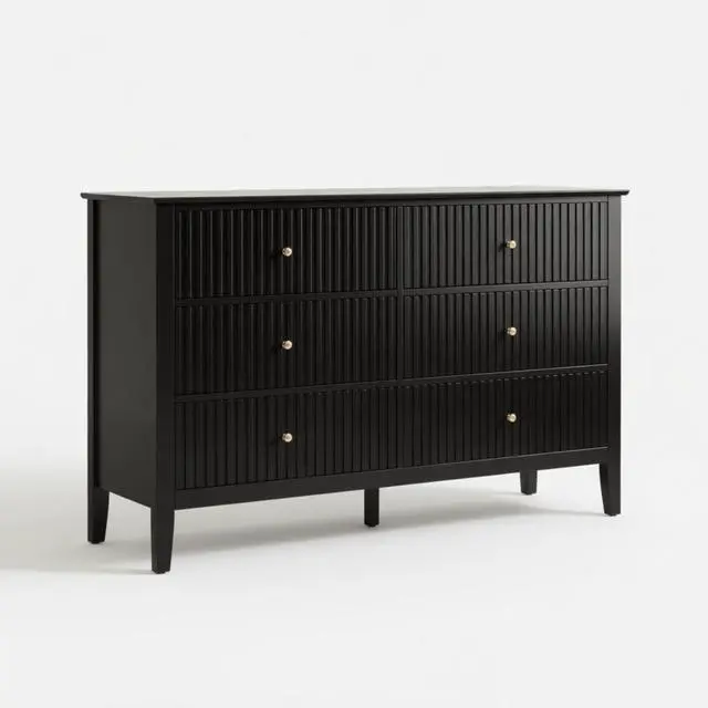 Main image of 47.2" Black 6 Drawer Fluted Dresser - Modern Wood Chest TV Stand