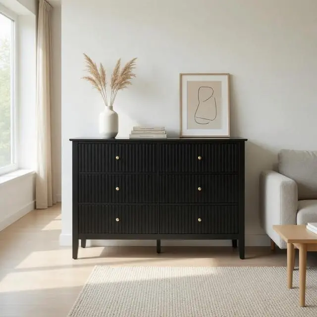 Alt view image 2 of 7 - 47.2" Black 6 Drawer Fluted Dresser - Modern Wood Chest TV Stand
