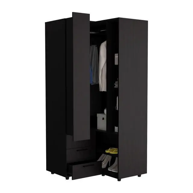 Alt view image 6 of 7 - Toulouse Corner Armoire With Double Doors And Interior Shelves, Space-Saving Wardrobe, Black