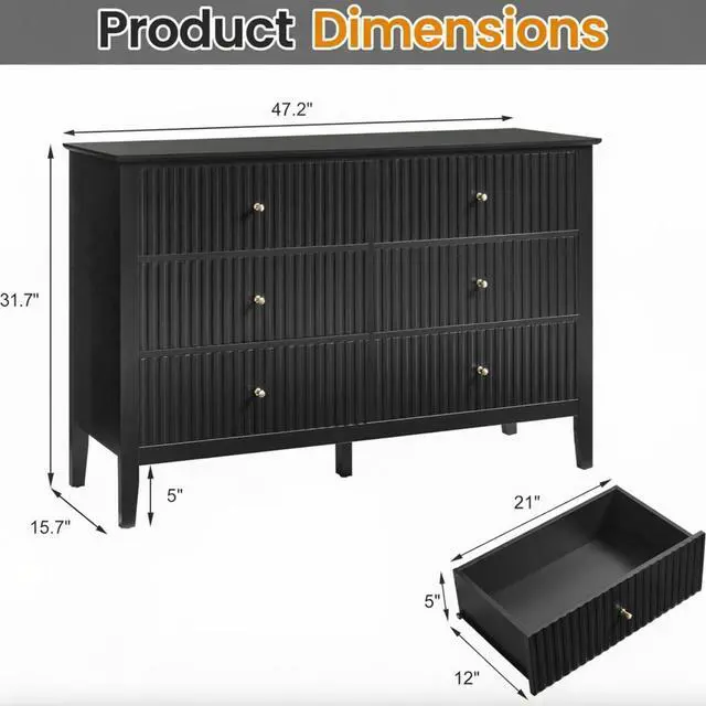 Alt view image 3 of 7 - 47.2" Black 6 Drawer Fluted Dresser - Modern Wood Chest TV Stand