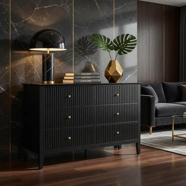 Alt view image 4 of 7 - 47.2" Black 6 Drawer Fluted Dresser - Modern Wood Chest TV Stand