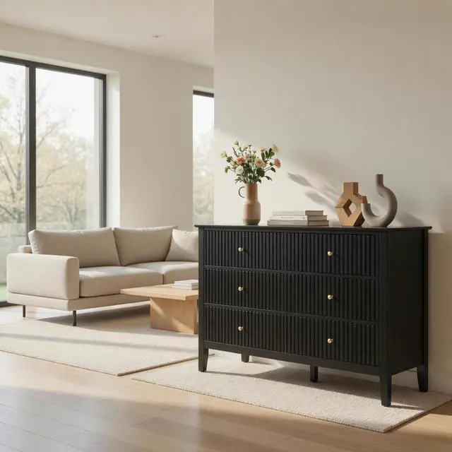 Alt view image 6 of 7 - 47.2" Black 6 Drawer Fluted Dresser - Modern Wood Chest TV Stand