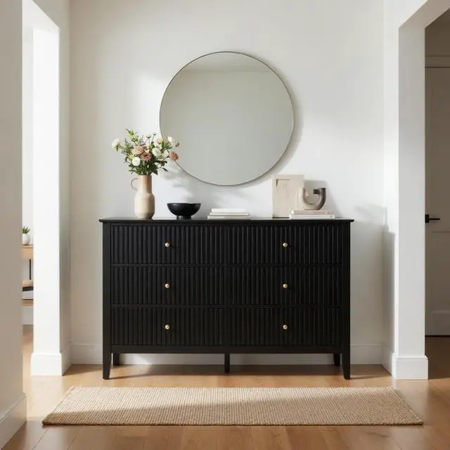 Alt view image 7 of 7 - 47.2" Black 6 Drawer Fluted Dresser - Modern Wood Chest TV Stand