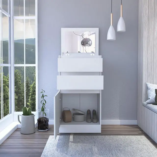 Alt view image 2 of 7 - Dresser 43"H, Jewelry Box, Mirror, Single Door Cabinet, Two Drawers, White