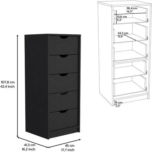 Alt view image 7 of 7 - Dresser 42"H, 5 Drawers , Slim Storage Chest of Drawers, Black