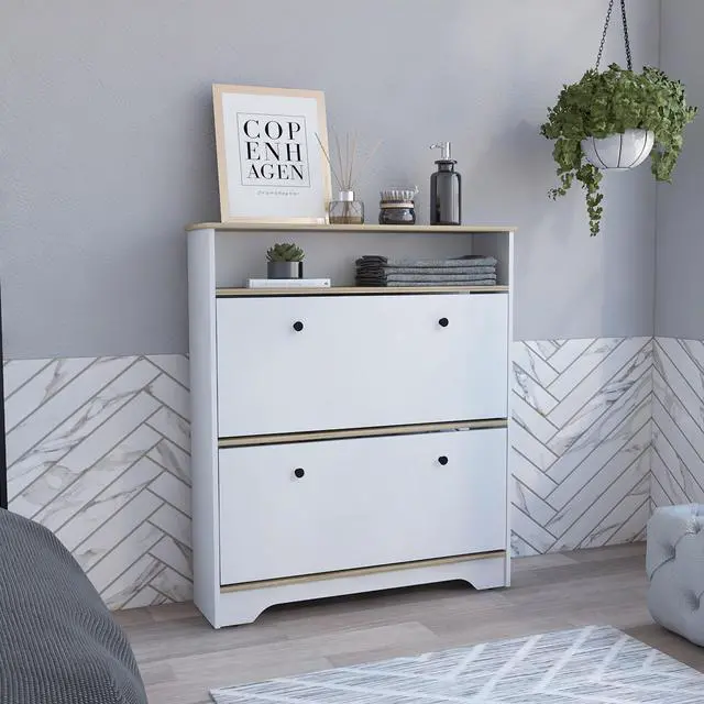 Main image of Shoe Rack 46" H, One Open Storage Shelf, Two Internal Storage Drawers, Two Doors, Light Oak / White