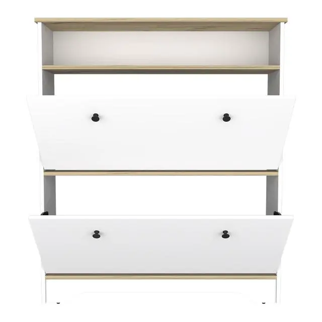 Alt view image 2 of 7 - Shoe Rack 46" H, One Open Storage Shelf, Two Internal Storage Drawers, Two Doors, Light Oak / White
