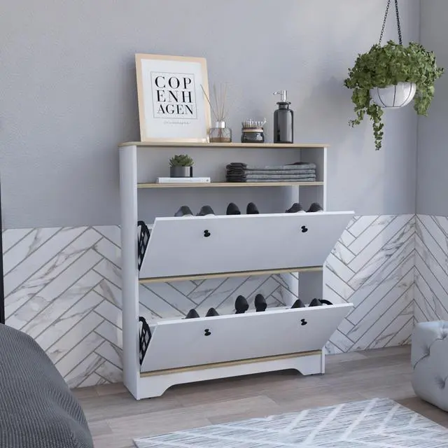 Alt view image 3 of 7 - Shoe Rack 46" H, One Open Storage Shelf, Two Internal Storage Drawers, Two Doors, Light Oak / White