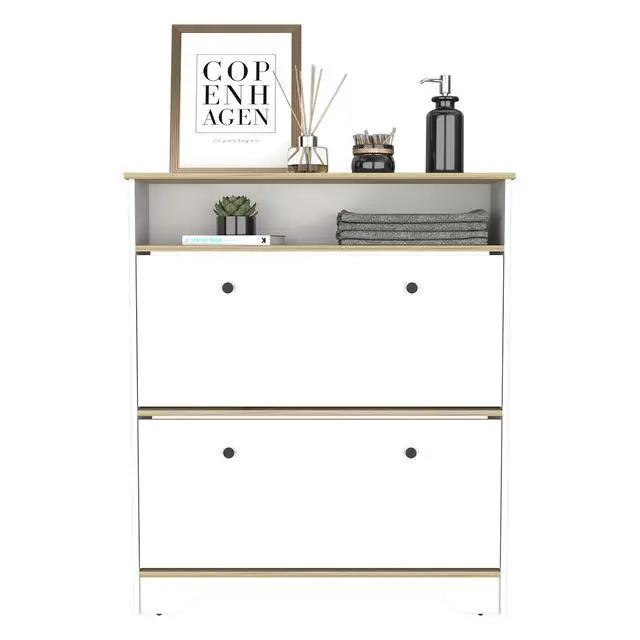 Alt view image 5 of 7 - Shoe Rack 46" H, One Open Storage Shelf, Two Internal Storage Drawers, Two Doors, Light Oak / White