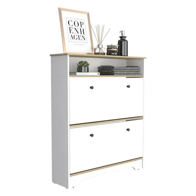 Alt view image 6 of 7 - Shoe Rack 46" H, One Open Storage Shelf, Two Internal Storage Drawers, Two Doors, Light Oak / White