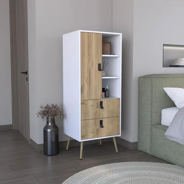 Main image of Dresser 52"H Stylish Bedroom Storage Solution with 3 Open Shelves, 2 Drawers, and 1 Door, White / Macadamia