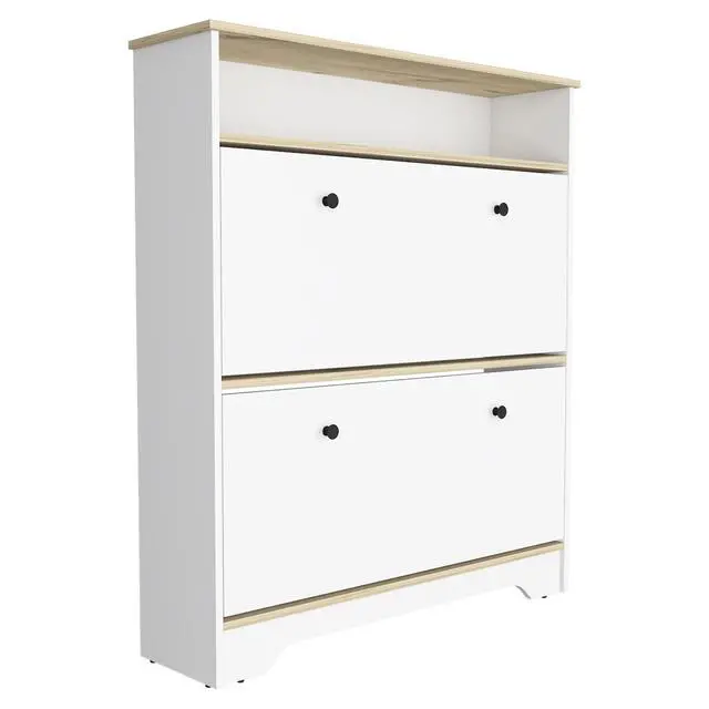 Alt view image 4 of 7 - Shoe Rack 46" H, One Open Storage Shelf, Two Internal Storage Drawers, Two Doors, Light Oak / White