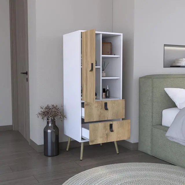 Alt view image 3 of 7 - Dresser 52"H Stylish Bedroom Storage Solution with 3 Open Shelves, 2 Drawers, and 1 Door, White / Macadamia