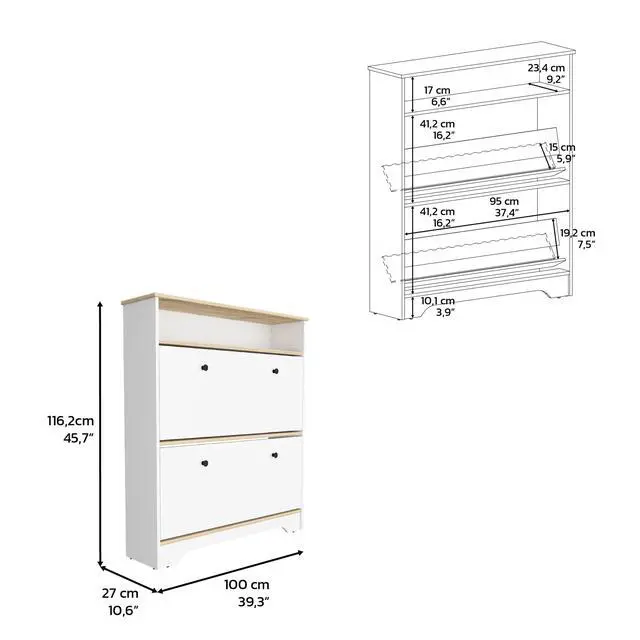 Alt view image 7 of 7 - Shoe Rack 46" H, One Open Storage Shelf, Two Internal Storage Drawers, Two Doors, Light Oak / White