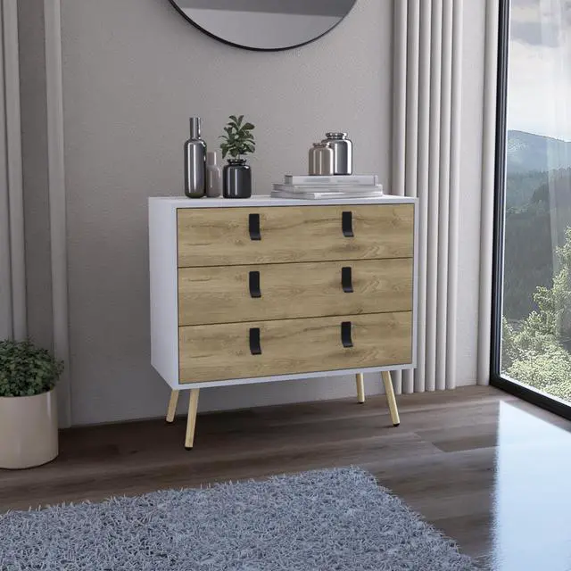 Main image of Dresser 29"H, 3 Drawers Dresser with Handles and Wooden Legs, White / Macadamia