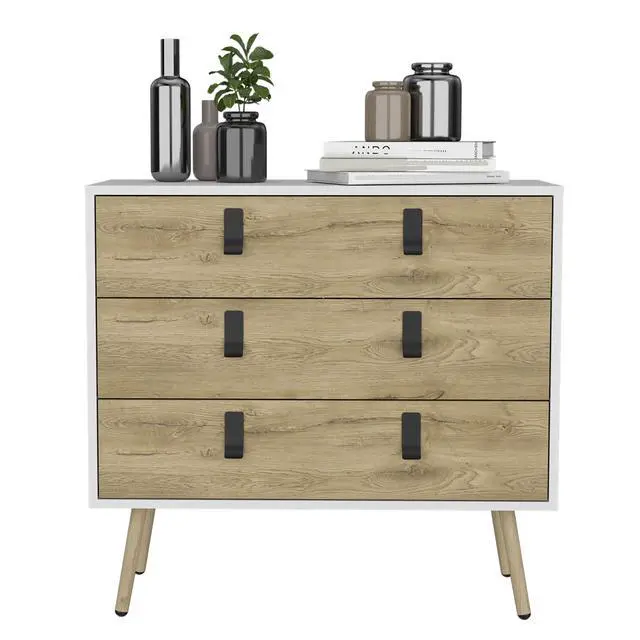 Alt view image 5 of 7 - Dresser 29"H, 3 Drawers Dresser with Handles and Wooden Legs, White / Macadamia