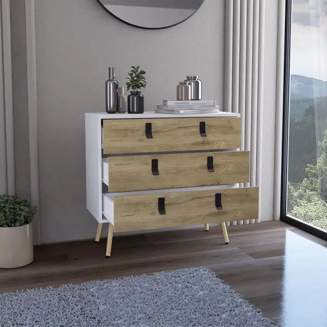 Alt view image 3 of 7 - Dresser 29"H, 3 Drawers Dresser with Handles and Wooden Legs, White / Macadamia