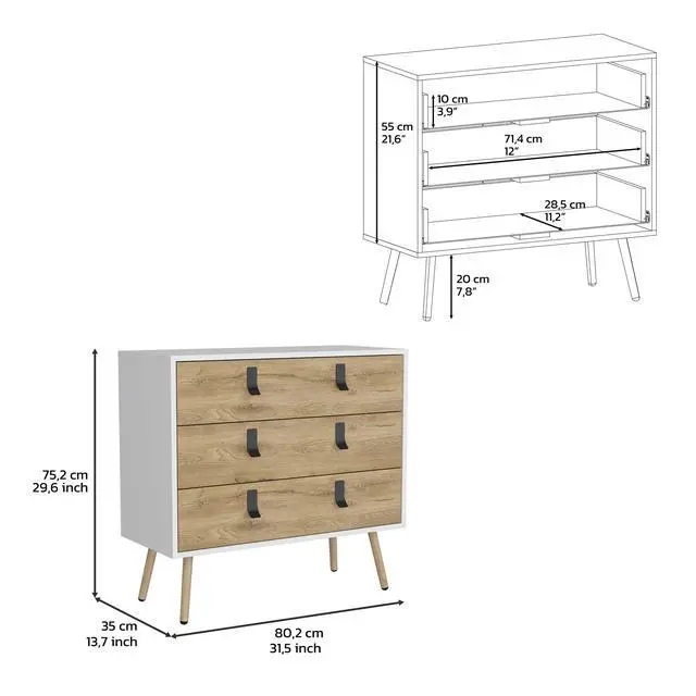 Alt view image 7 of 7 - Dresser 29"H, 3 Drawers Dresser with Handles and Wooden Legs, White / Macadamia