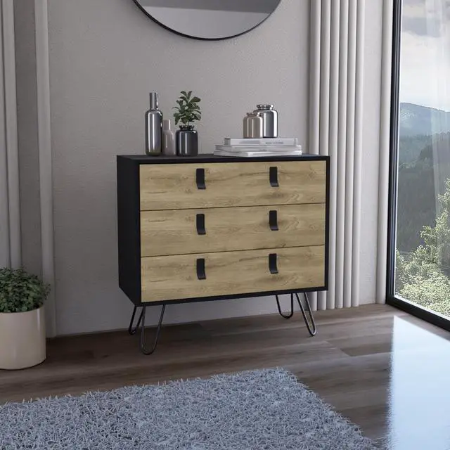 Main image of Dresser 29" H, 3-Drawer organiser, Modern Chest of Drawers with Hairpin Legs and Metal Accents, Black / Macadamia