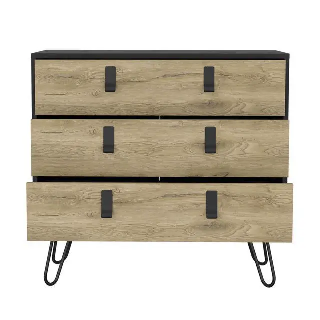 Alt view image 4 of 7 - Dresser 29" H, 3-Drawer organiser, Modern Chest of Drawers with Hairpin Legs and Metal Accents, Black / Macadamia