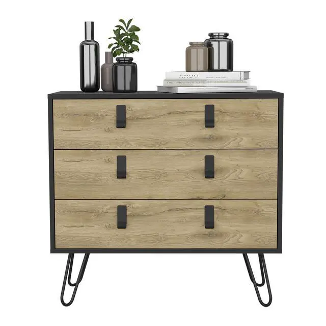 Alt view image 5 of 7 - Dresser 29" H, 3-Drawer organiser, Modern Chest of Drawers with Hairpin Legs and Metal Accents, Black / Macadamia