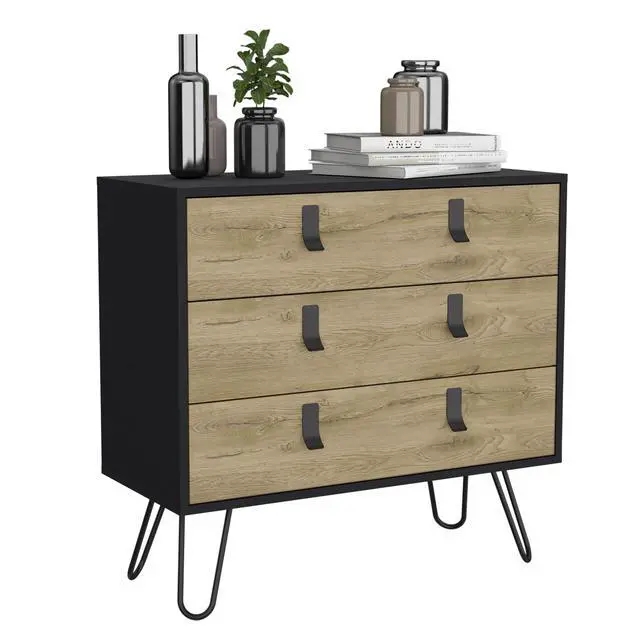 Alt view image 6 of 7 - Dresser 29" H, 3-Drawer organiser, Modern Chest of Drawers with Hairpin Legs and Metal Accents, Black / Macadamia