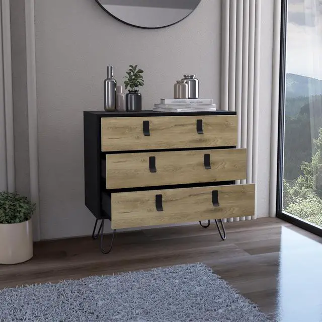 Alt view image 2 of 7 - Dresser 29" H, 3-Drawer organiser, Modern Chest of Drawers with Hairpin Legs and Metal Accents, Black / Macadamia
