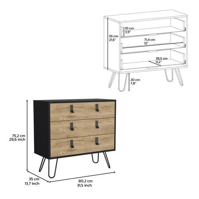 Alt view image 7 of 7 - Dresser 29" H, 3-Drawer organiser, Modern Chest of Drawers with Hairpin Legs and Metal Accents, Black / Macadamia