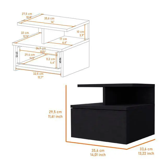 Alt view image 4 of 6 - Augusta Floating Nightstand with 2-Tier Shelf and 1-Drawer