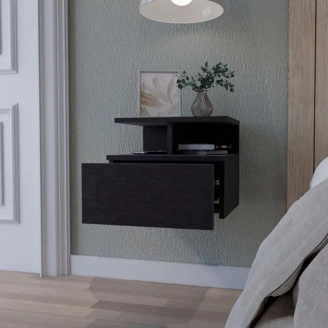 Alt view image 5 of 6 - Augusta Floating Nightstand with 2-Tier Shelf and 1-Drawer