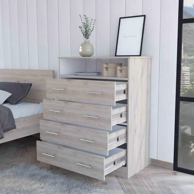 Alt view image 2 of 7 - Lagos Four Drawer Dresser, One Shelf, Superior Top, Light Grey and White