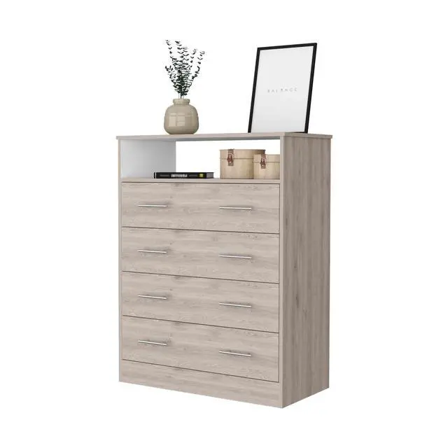 Alt view image 3 of 7 - Lagos Four Drawer Dresser, One Shelf, Superior Top, Light Grey and White