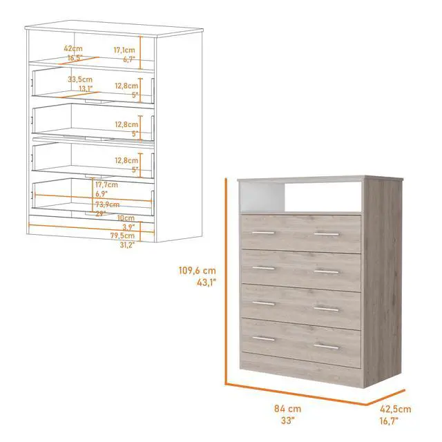 Alt view image 7 of 7 - Lagos Four Drawer Dresser, One Shelf, Superior Top, Light Grey and White