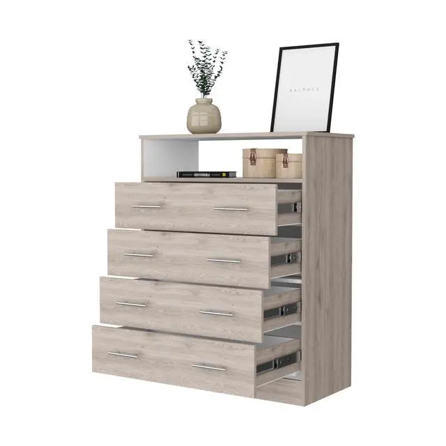 Alt view image 4 of 7 - Lagos Four Drawer Dresser, One Shelf, Superior Top, Light Grey and White