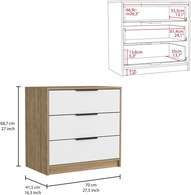 Alt view image 3 of 7 - Kaia 3 Drawers Dresser, Superior Top -White / Pine