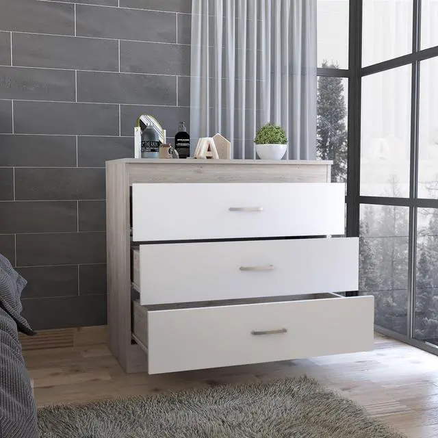 Alt view image 2 of 5 - Melia Three Drawer Dresser, Superior Top, Metal Hardware -Light Gray / White