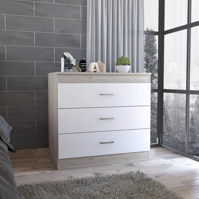 Main image of Melia Three Drawer Dresser, Superior Top, Metal Hardware -Light Gray / White