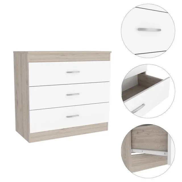 Alt view image 4 of 5 - Melia Three Drawer Dresser, Superior Top, Metal Hardware -Light Gray / White