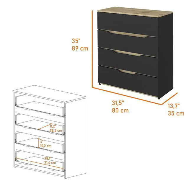 Alt view image 2 of 6 - Zoe Dresser, Superior Top, Four Drawers -Black / Light Oak