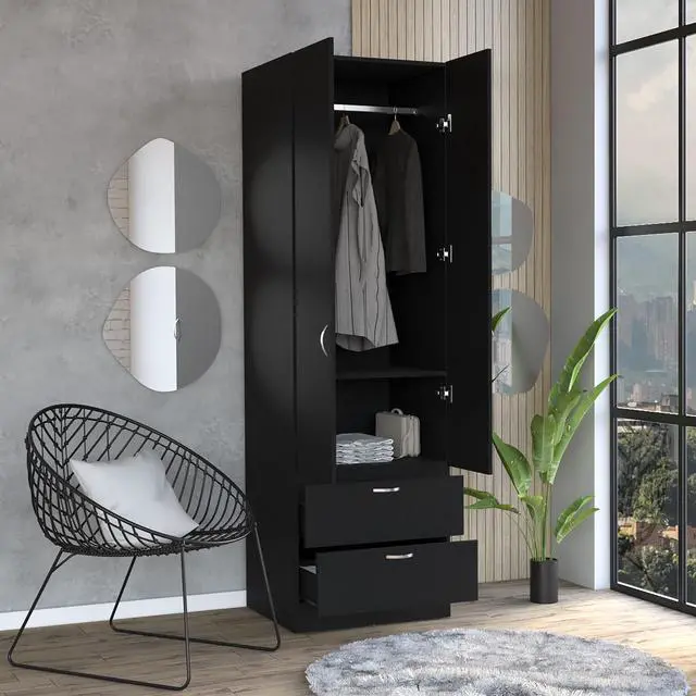 Alt view image 5 of 7 - Vico 76" High Armoire Wardrove Closet with 2 Drawers, Double Door Cabinet , One Shelf and Hanging Rod, Bedroom Clothes Storage Cabinet Organizer