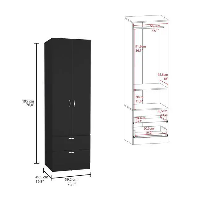 Alt view image 3 of 7 - Vico 76" High Armoire Wardrove Closet with 2 Drawers, Double Door Cabinet , One Shelf and Hanging Rod, Bedroom Clothes Storage Cabinet Organizer