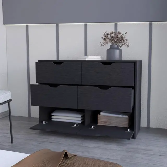 Alt view image 4 of 7 - Basilea 4 Drawers Double Dresser with 2 pull down Cabinets Black