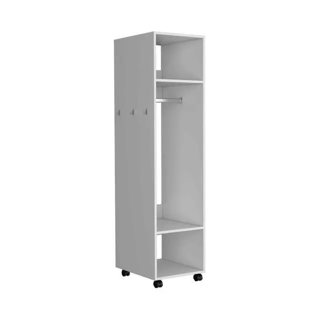 Alt view image 2 of 7 - Cluster 63" Tall Wardrove with Mirror, Three Shelves, Casters and Hanging Rod, Armoire, Bedroom Clothes Storage, Cabinet Organizer White