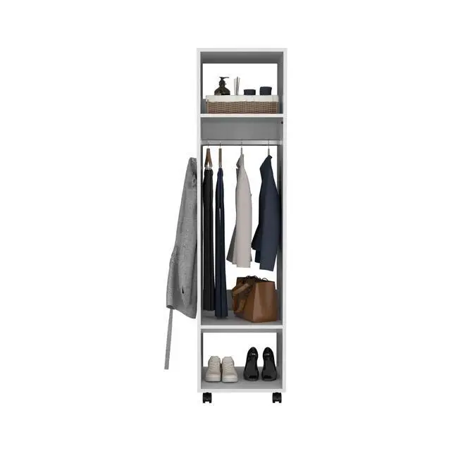 Alt view image 7 of 7 - Cluster 63" Tall Wardrove with Mirror, Three Shelves, Casters and Hanging Rod, Armoire, Bedroom Clothes Storage, Cabinet Organizer White