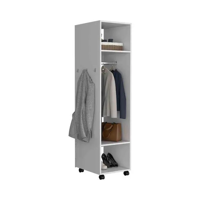 Alt view image 6 of 7 - Cluster 63" Tall Wardrove with Mirror, Three Shelves, Casters and Hanging Rod, Armoire, Bedroom Clothes Storage, Cabinet Organizer White