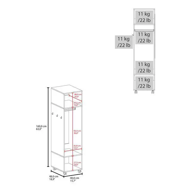 Alt view image 3 of 7 - Cluster 63" Tall Wardrove with Mirror, Three Shelves, Casters and Hanging Rod, Armoire, Bedroom Clothes Storage, Cabinet Organizer White